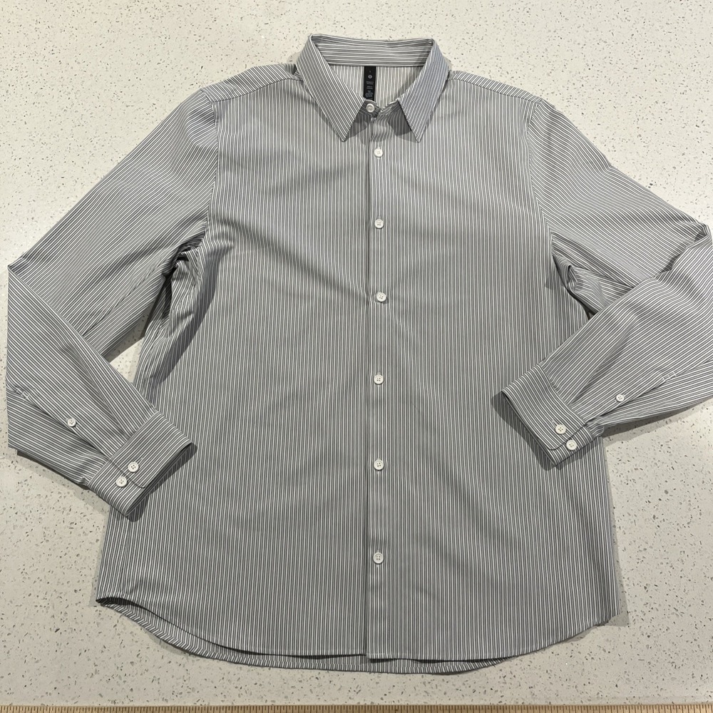 Lululemon New Venture Shirt Mens L White Blue Striped Long Sleeve Button Up